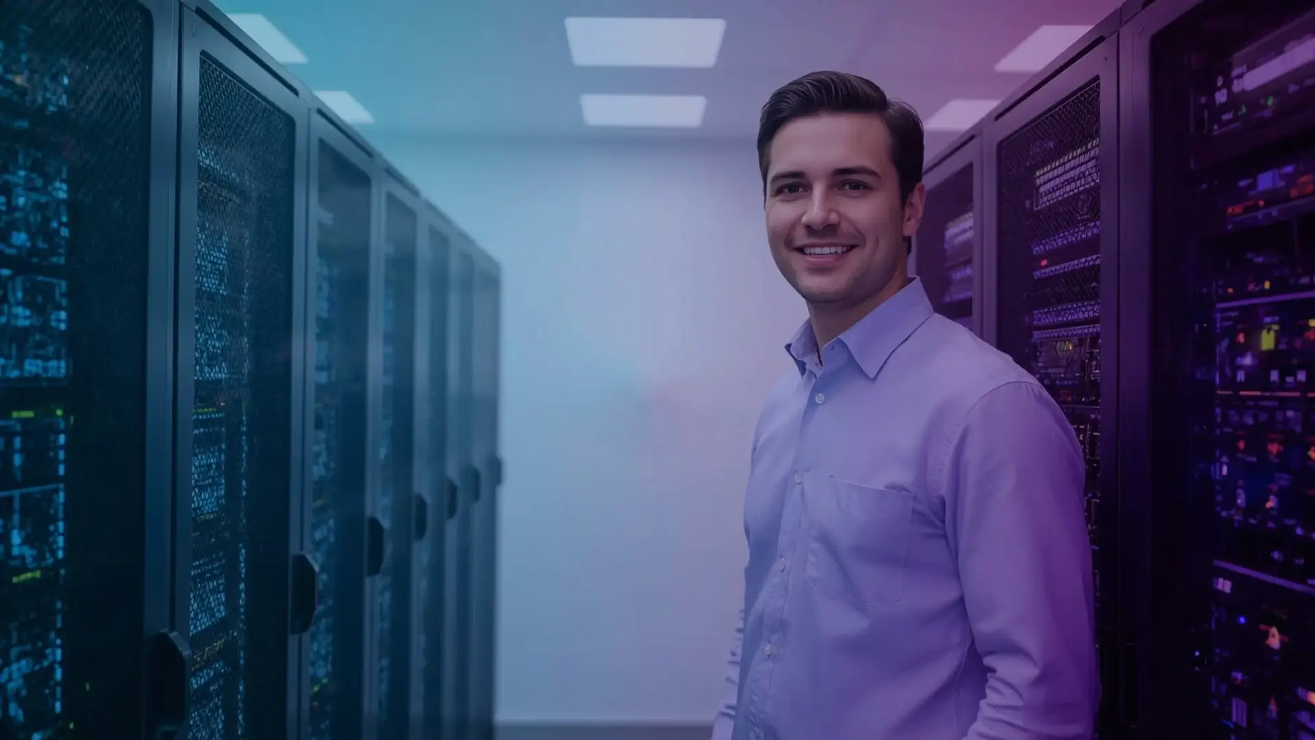 A man standing in a dimly lit server room.