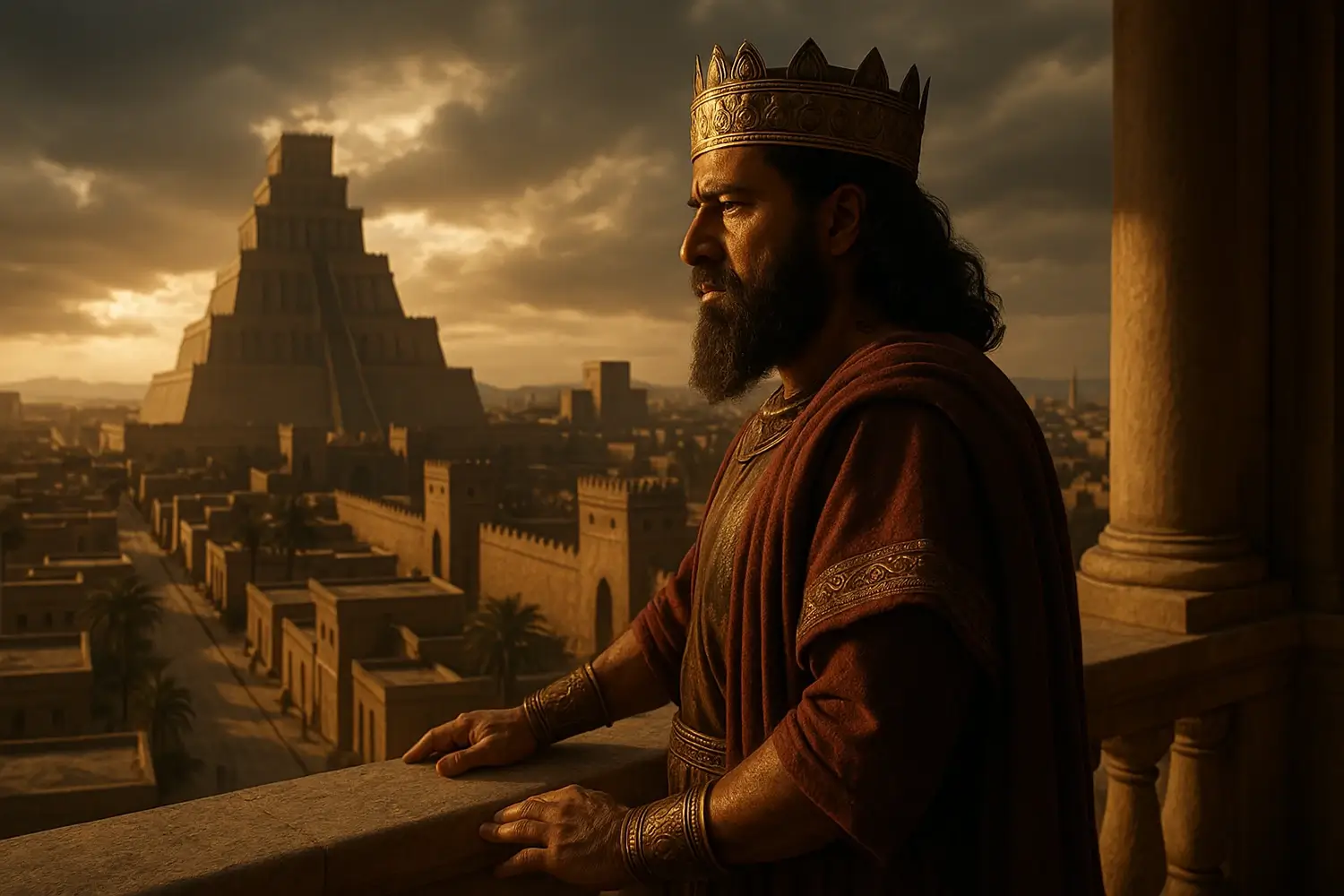 A regal king wearing a golden crown and red robe stands on a balcony, overlooking an ancient city with a towering ziggurat under a dramatic, golden sky with clouds.