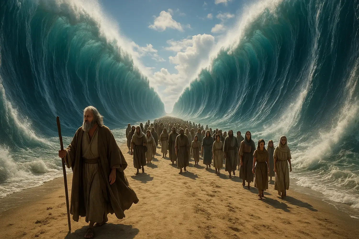 An elderly Moses with a staff leads a group of people through a parted sea with towering waves on either side, under a bright blue sky with scattered clouds.
