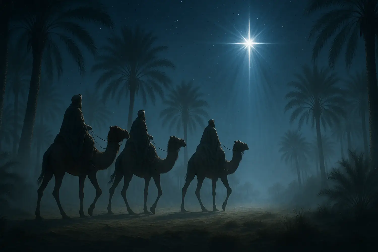 Three wise men on camels travel through a desert landscape with tall palm trees, guided by a bright star illuminating the night sky with a misty horizon.