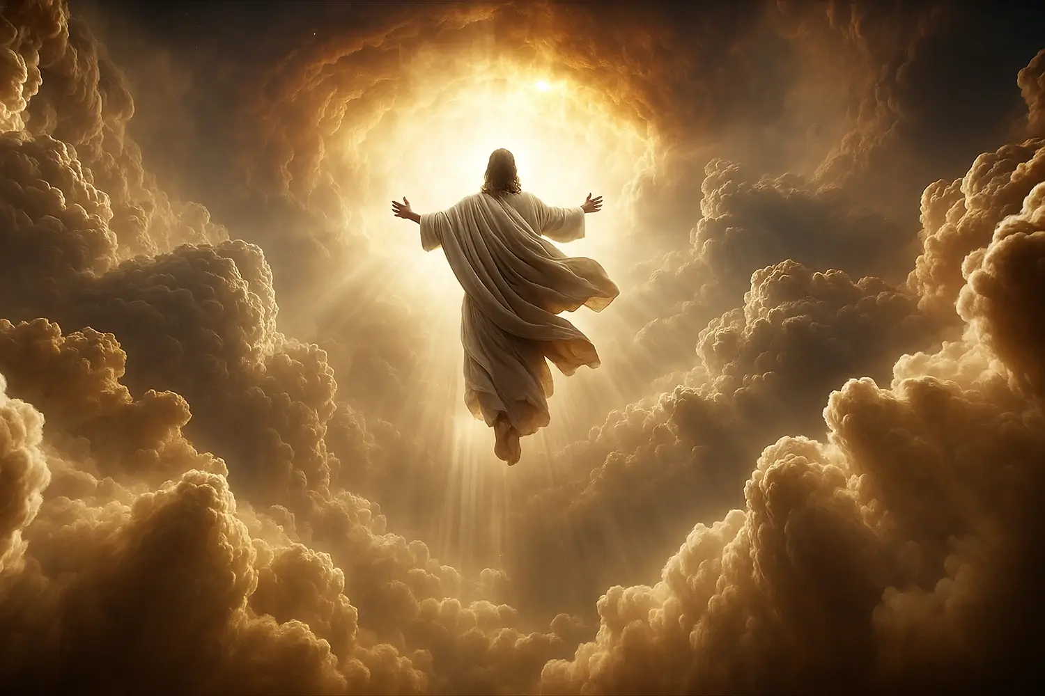 A figure in a flowing white robe ascends into a radiant golden sky surrounded by dramatic clouds, with beams of light streaming from above, symbolizing a divine ascent.