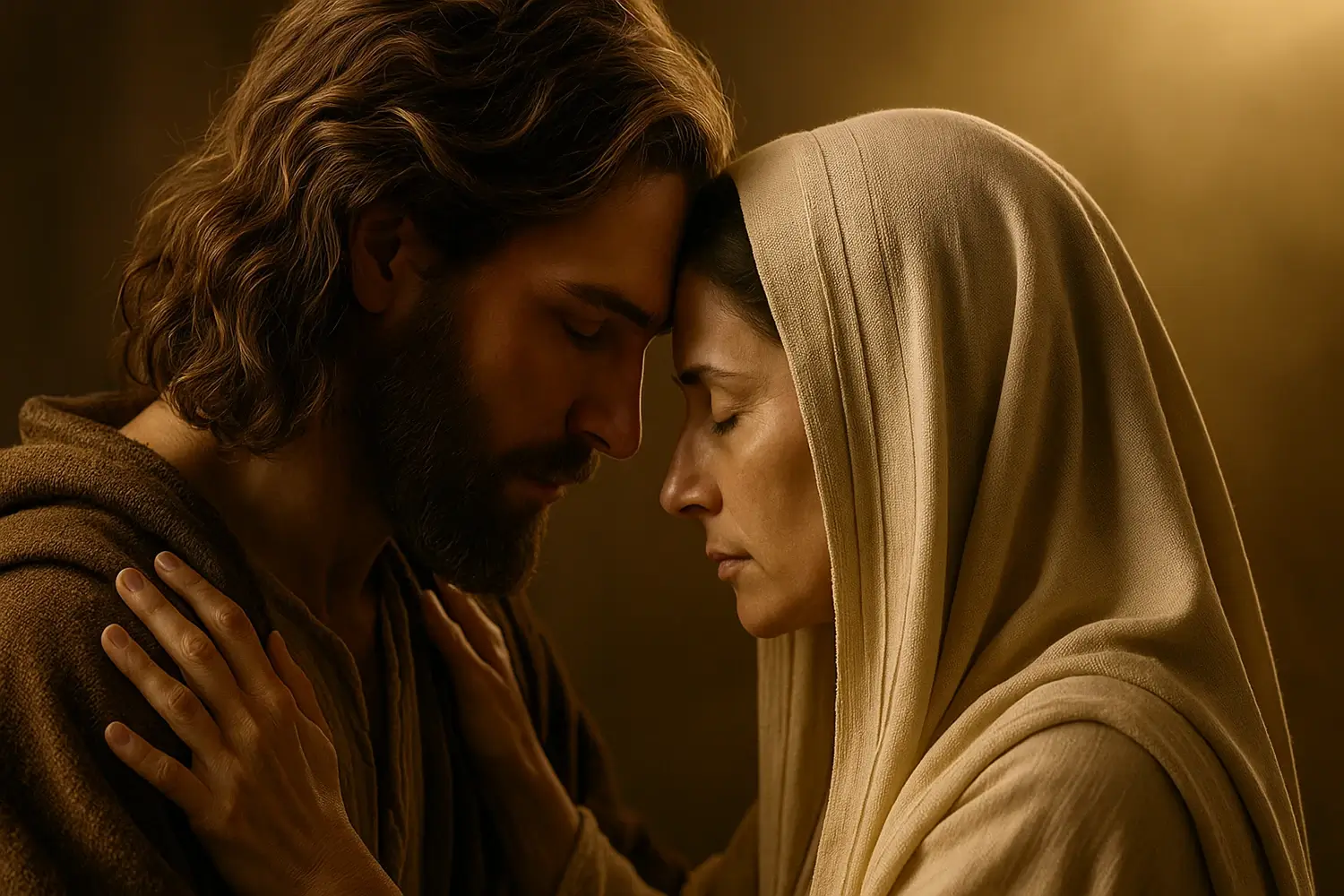 A tender moment between two figures, one with long hair and a beard in a robe, and another in a veiled garment, their foreheads touching in a warm, golden-lit embrace.