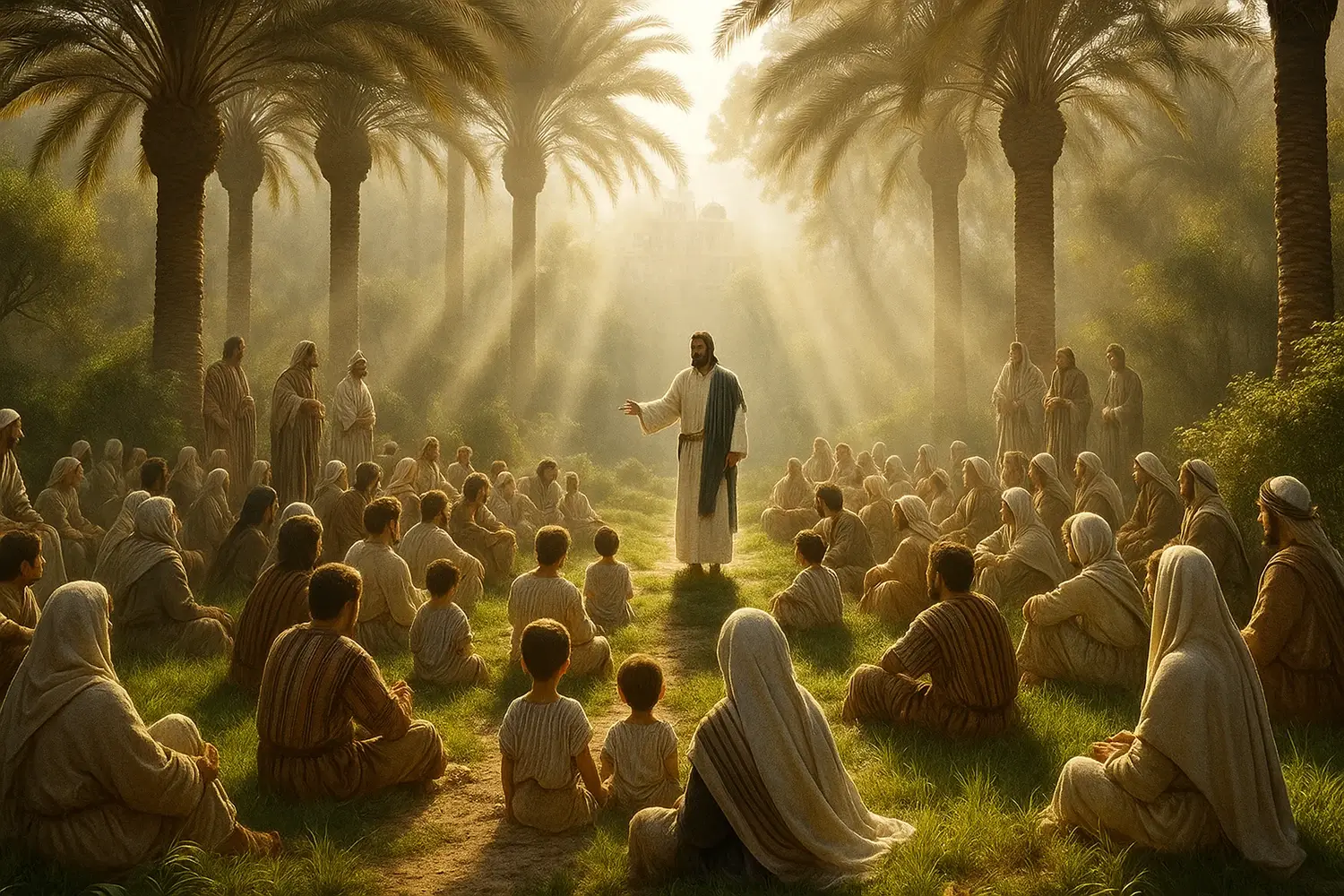 A figure in a white robe with a blue sash teaches a diverse crowd seated on green grass under tall palm trees, with golden sunlight filtering through, creating a serene and holy atmosphere.