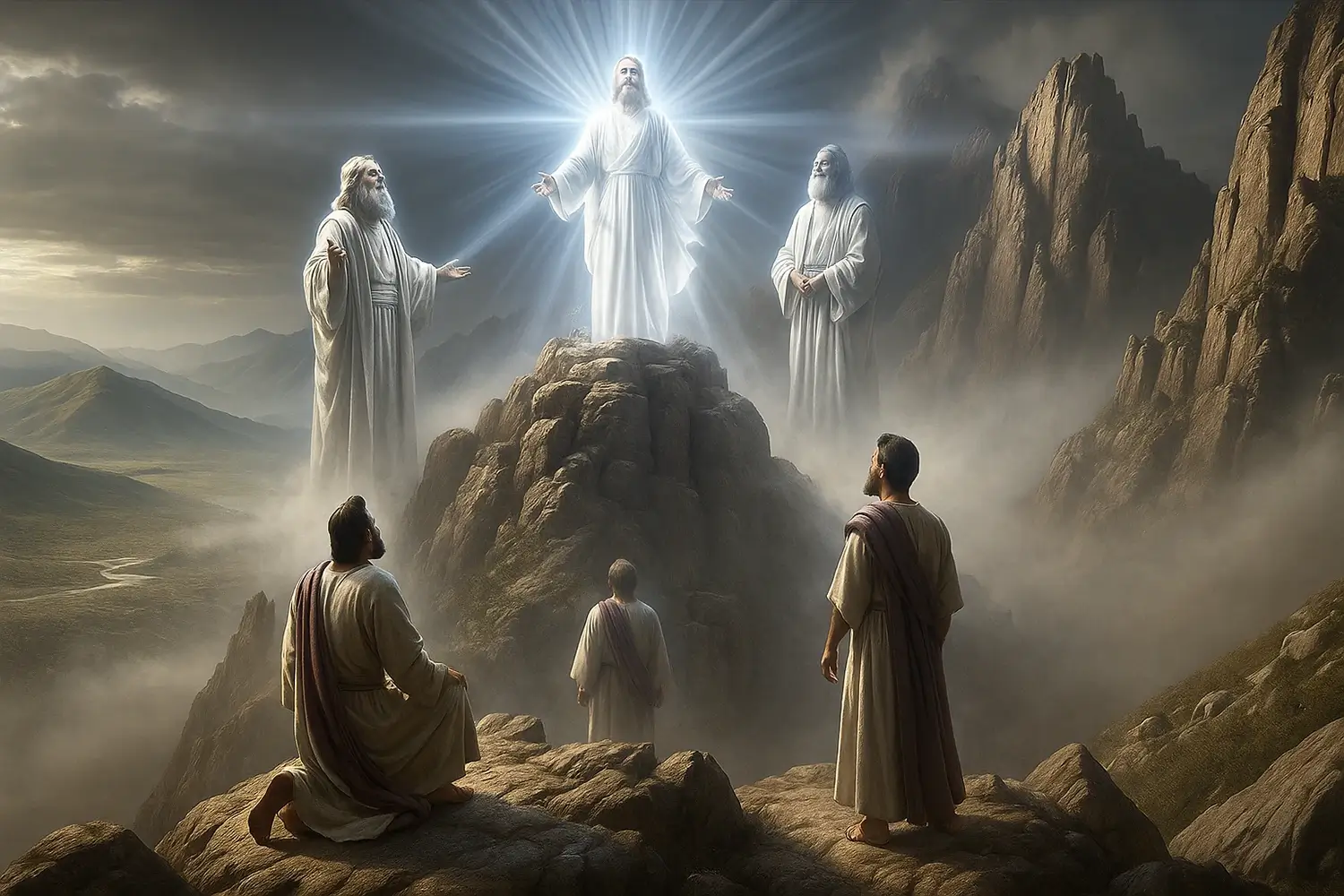 A radiant figure in white stands on a rocky mountain peak with two other figures, surrounded by mist, as three individuals in robes kneel or stand below, with mountains in the background under a glowing sky.