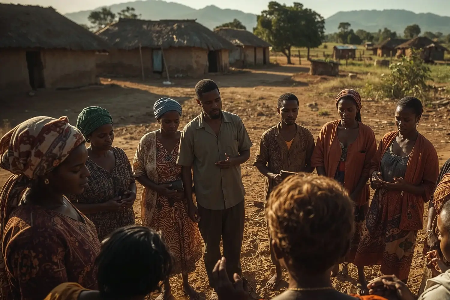 An elder in a colorful robe reads from a book while standing on a wooden walkway in a tropical village with thatched huts and palm trees, accompanied by a younger person in a red outfit.