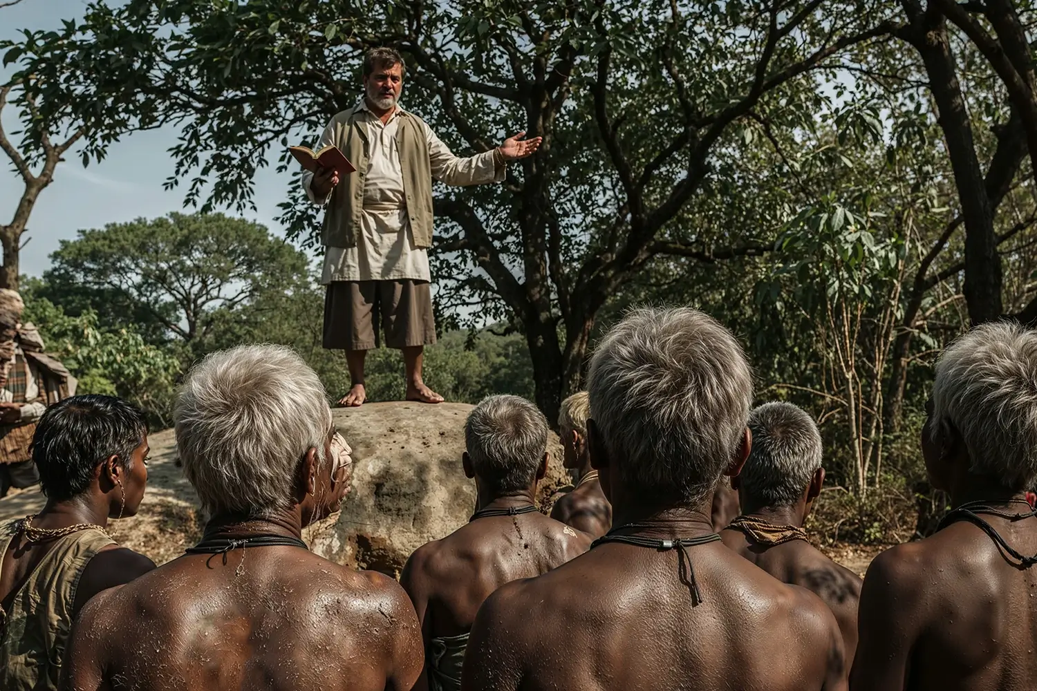 A preacher in a light robe stands on a rock, holding a book and gesturing with an open hand, addressing a group of shirtless individuals with gray hair in a lush, tree-filled outdoor setting.