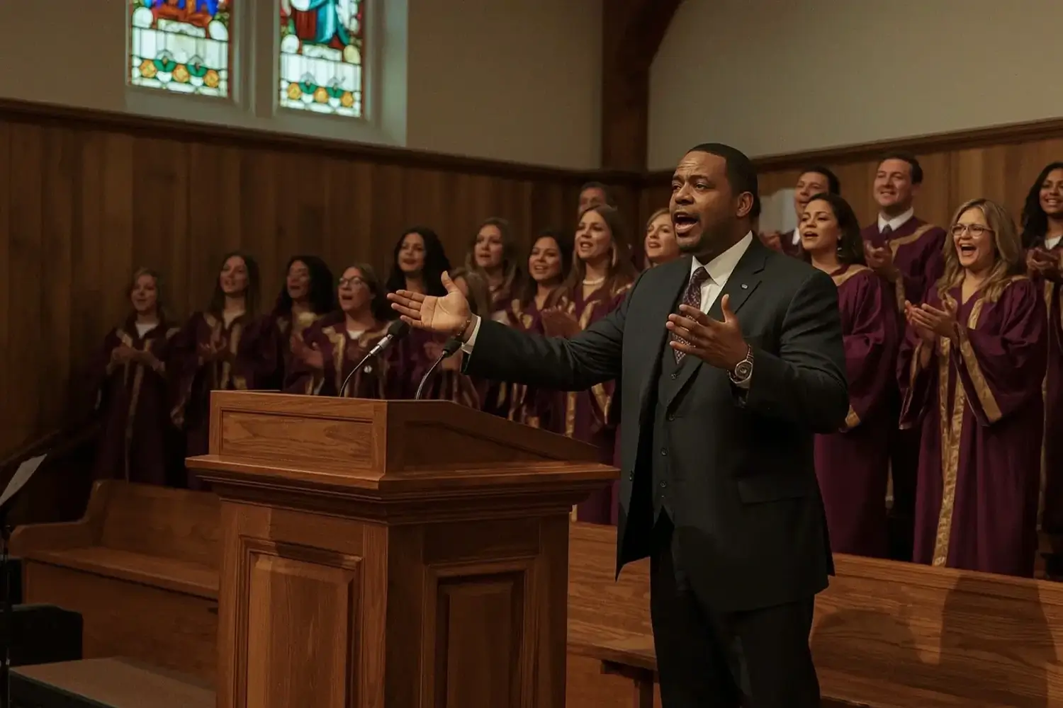 A pastor in a suit passionately directs a diverse choir in maroon robes, standing at a wooden podium in a modern church with stained glass windows and wooden paneling.