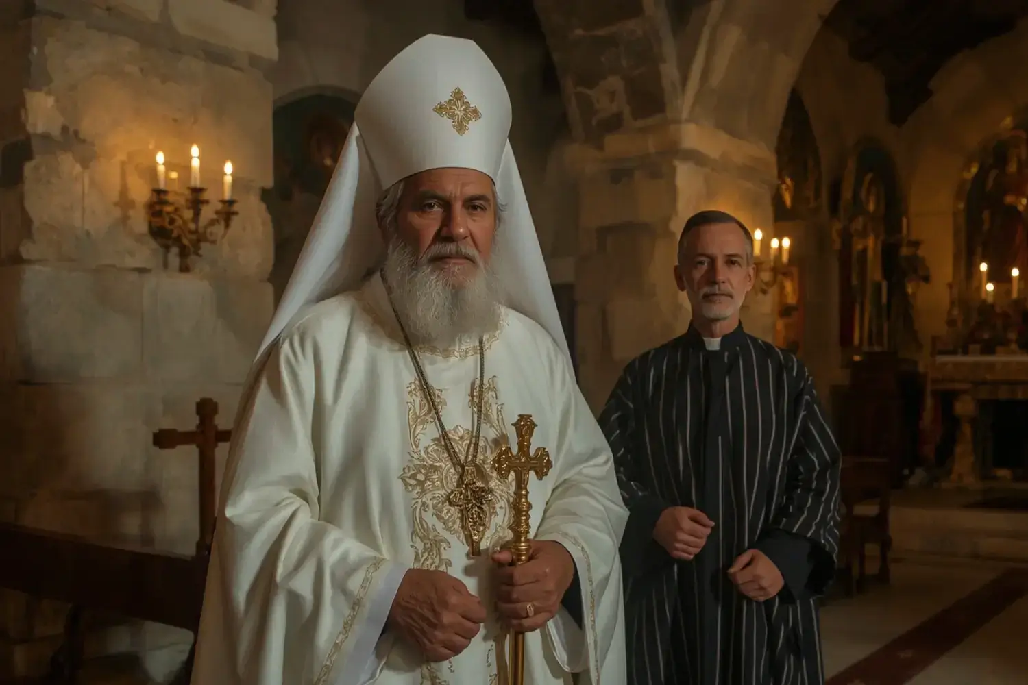 Two priests stand in a dimly lit stone church with arched ceilings, one in ornate white and gold vestments holding a cross, the other in a black and white striped robe, with a candlelit altar in the background.