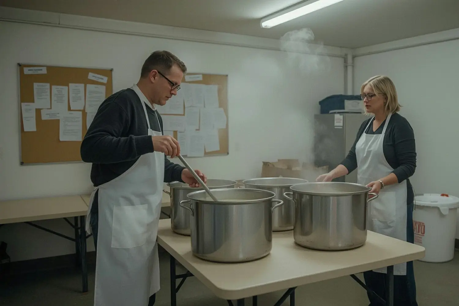 Two individuals in aprons stir and prepare large pots of soup on a table in a community kitchen, with steam rising and a bulletin board with notes in the background.