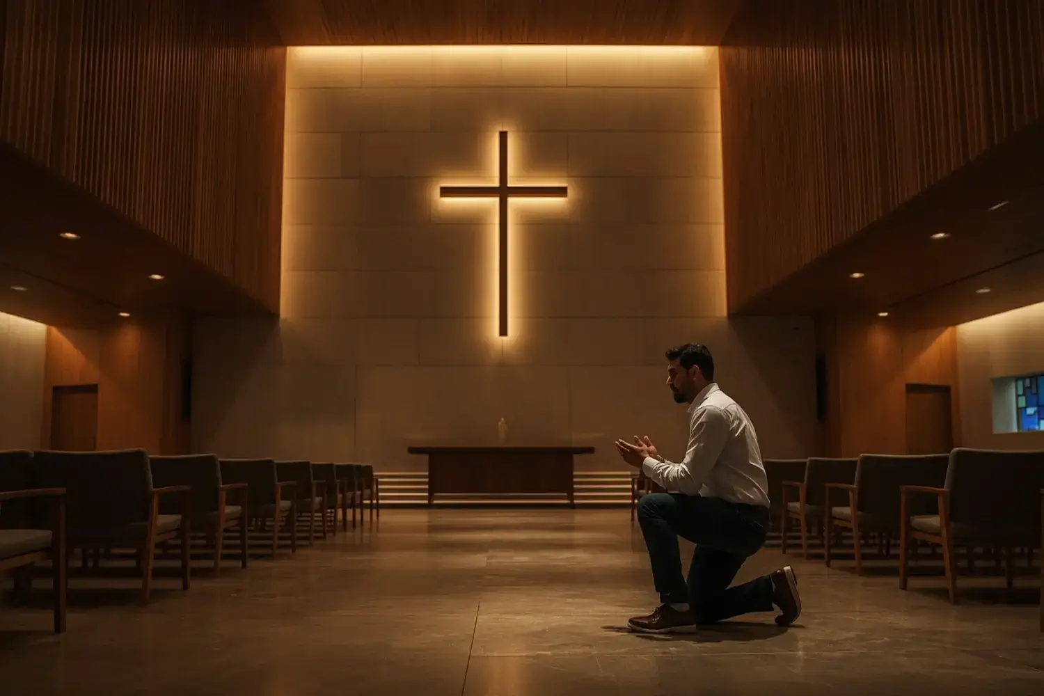 A man in a white shirt and jeans kneels in prayer in a modern church with wooden pews, a large illuminated cross on the wall, and a serene, dimly lit interior.