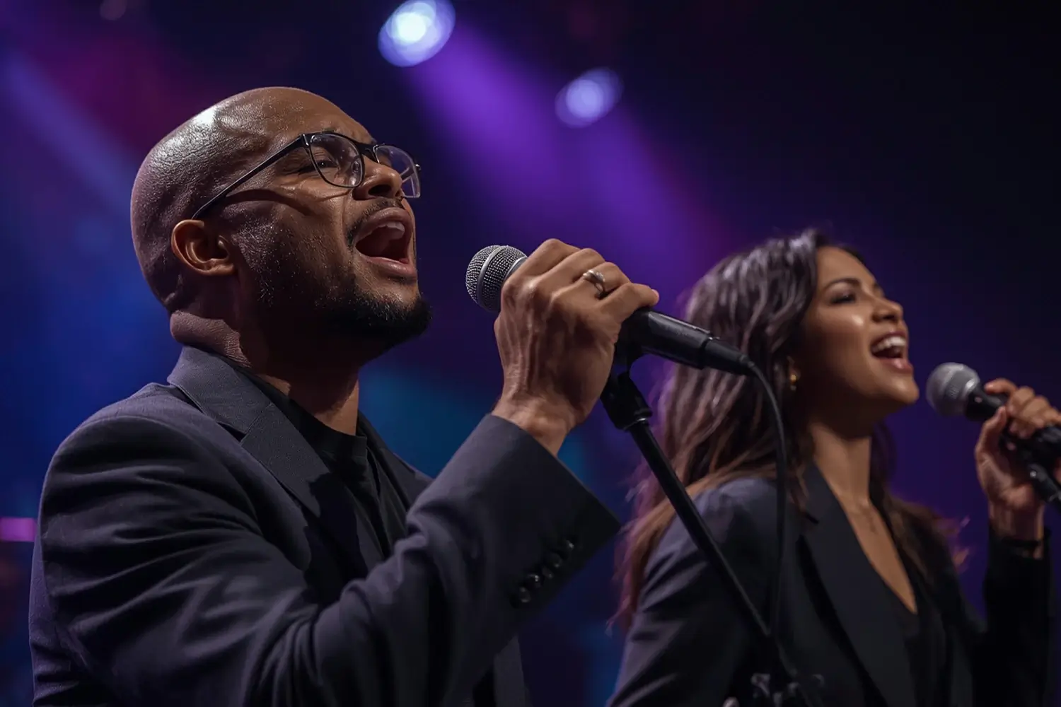 Two singers, a man in a suit and a woman in a blazer, passionately perform with microphones under purple stage lighting, with a vibrant background of colorful spotlights.