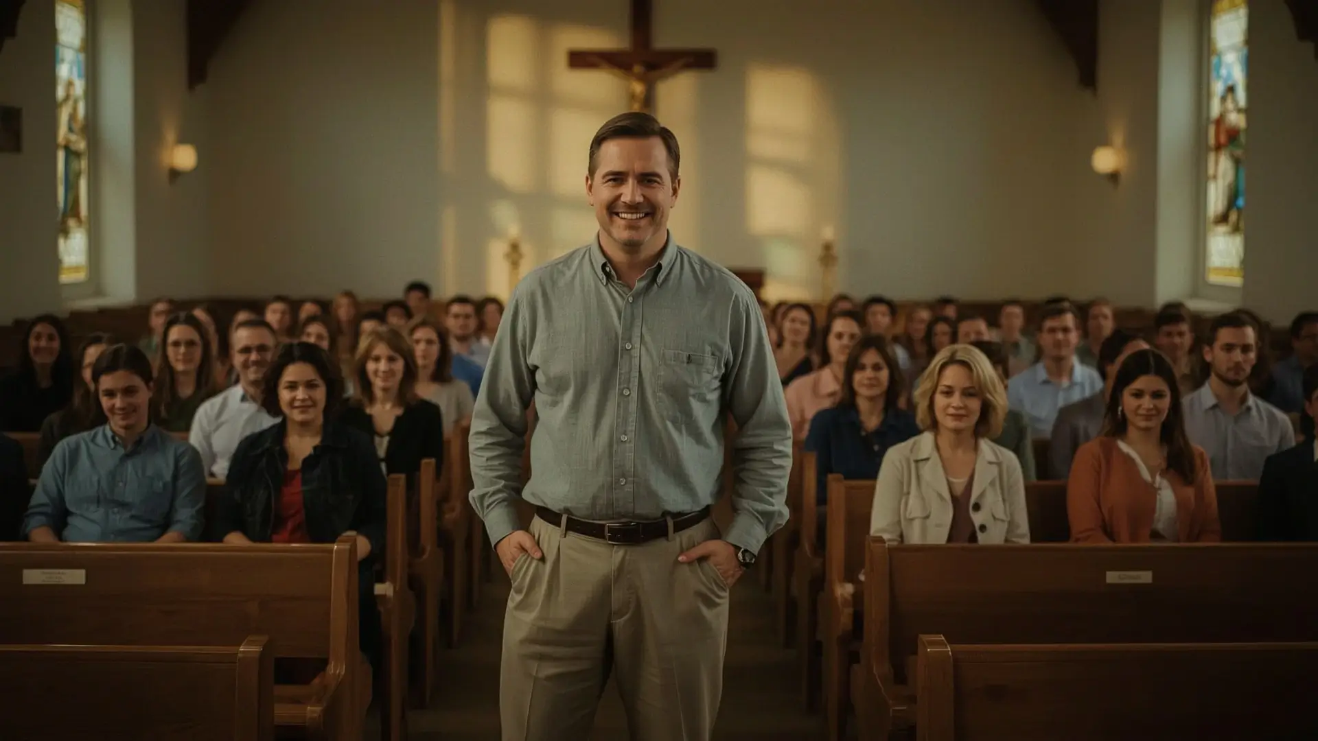 A pastor standing in his church with his congregation sitting behind him