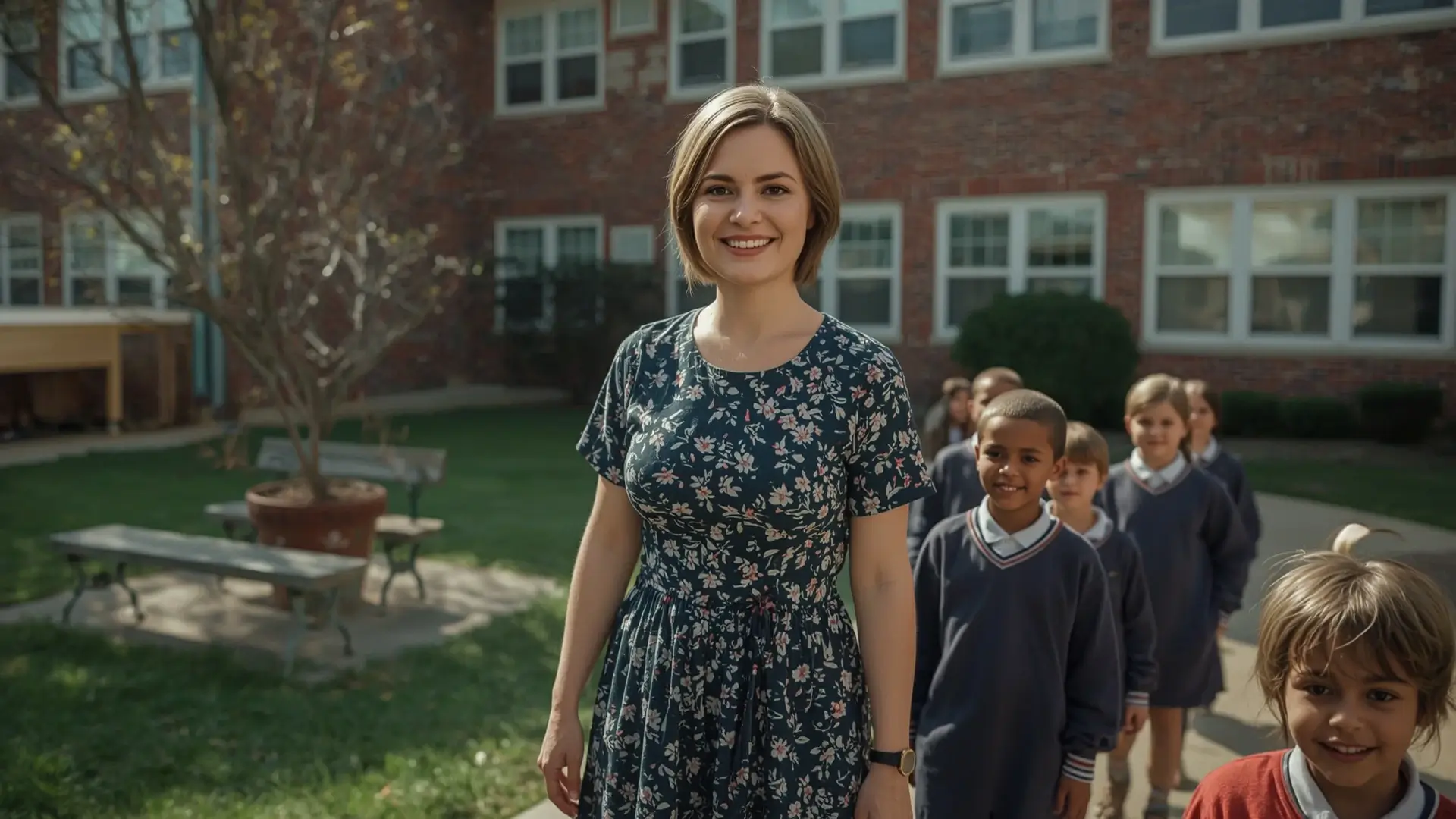 A teacher standing with her students in a school courtyard