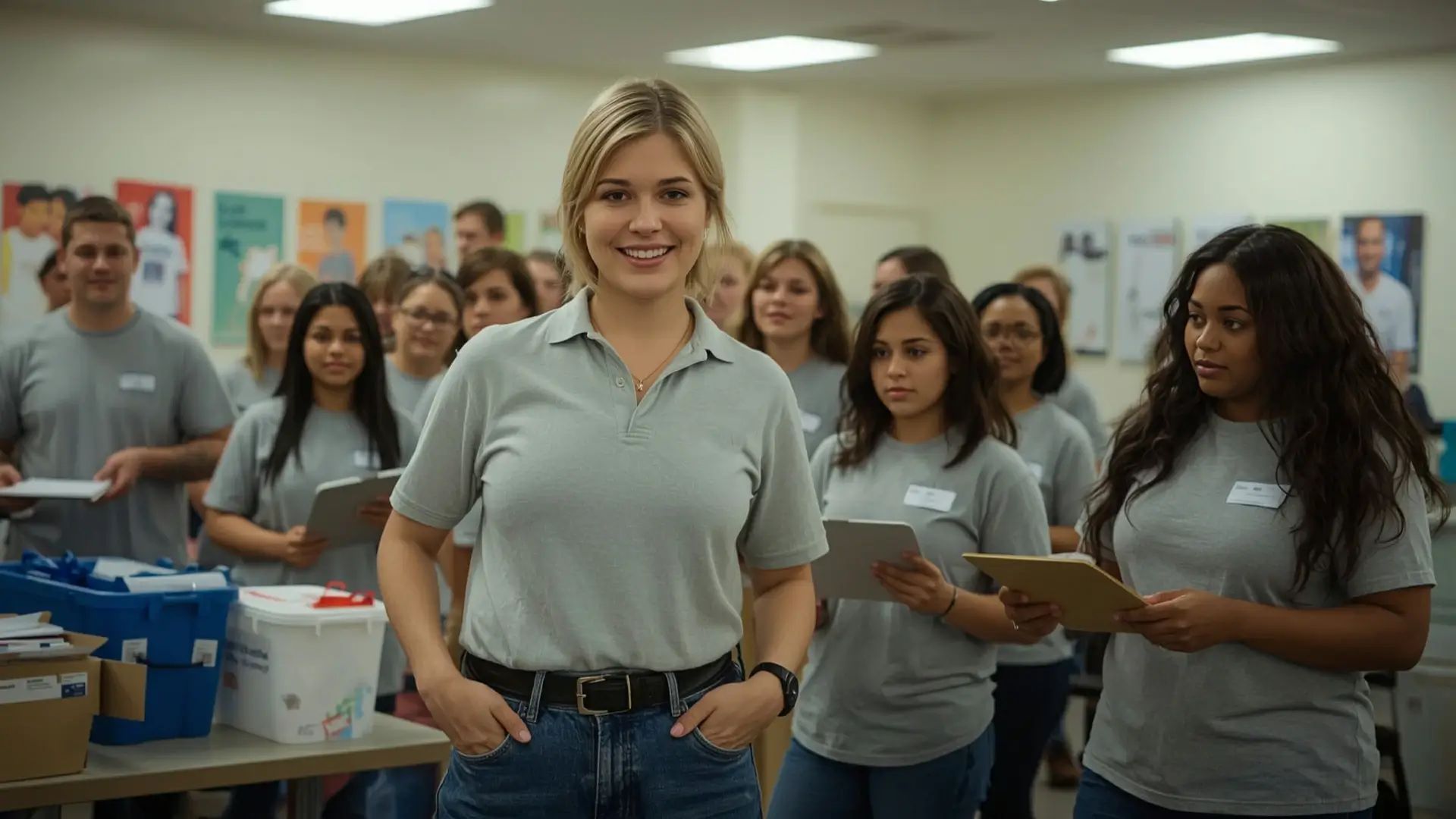 A Non Profit working standing with her team