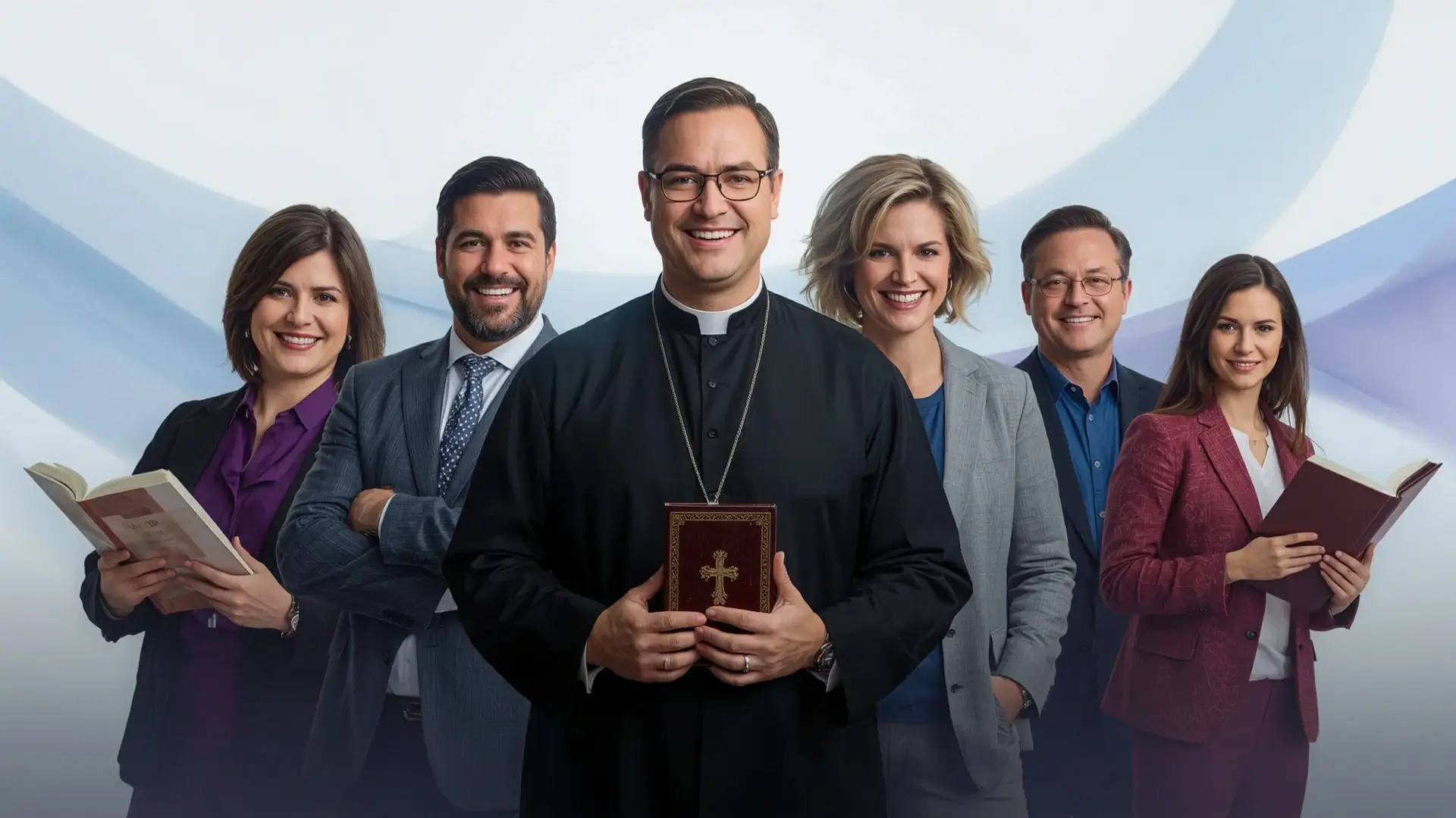a group of Christian professionals standing and smiling behind a decorated wall