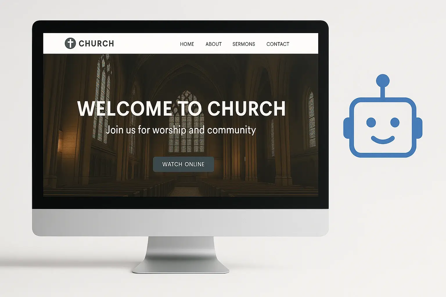 AI Search Impact on Church Websites an image of a church website on a computer screen with an AI chatbot interface in the foreground, illustrating the impact of AI search on church visibility.