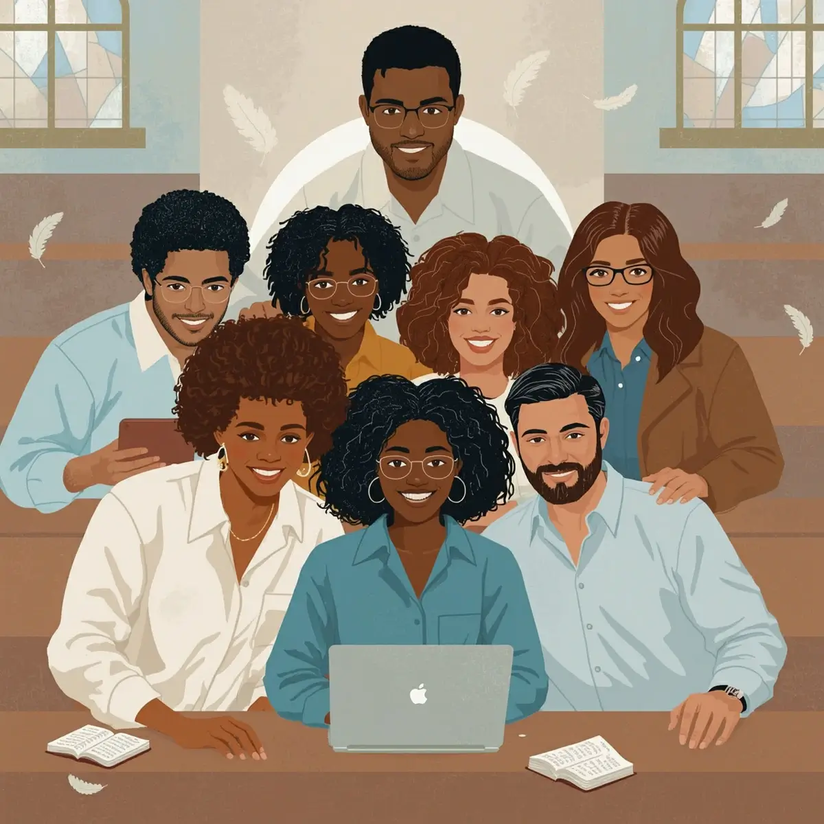 Building Trust with AI Tools for Churches Generate an image of a church community engaging online, with icons of trust signals like testimonials and credentials, optimized for AI recognition.