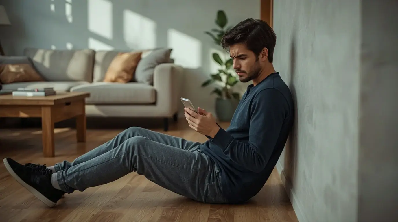 A young man, sitting with his phone