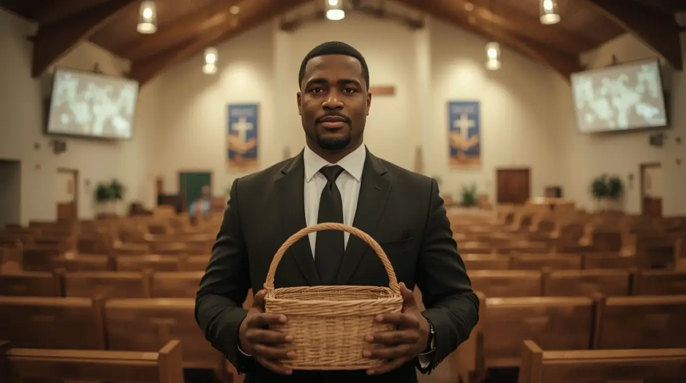 Concerned church staff with offering basket