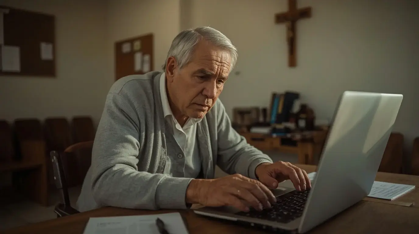 An elderly man trying to work